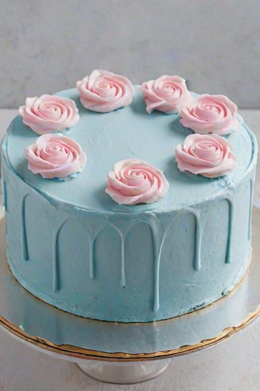 Create an image of a round cake with a light blue frosting. The cake should be decorated with small pink rose decorations made of frosting, scattered across the top and sides. At the base, include a decorative border of blue frosting. The background should have a playful, pastel color, like light pink, and the cake should be placed on a white plate.