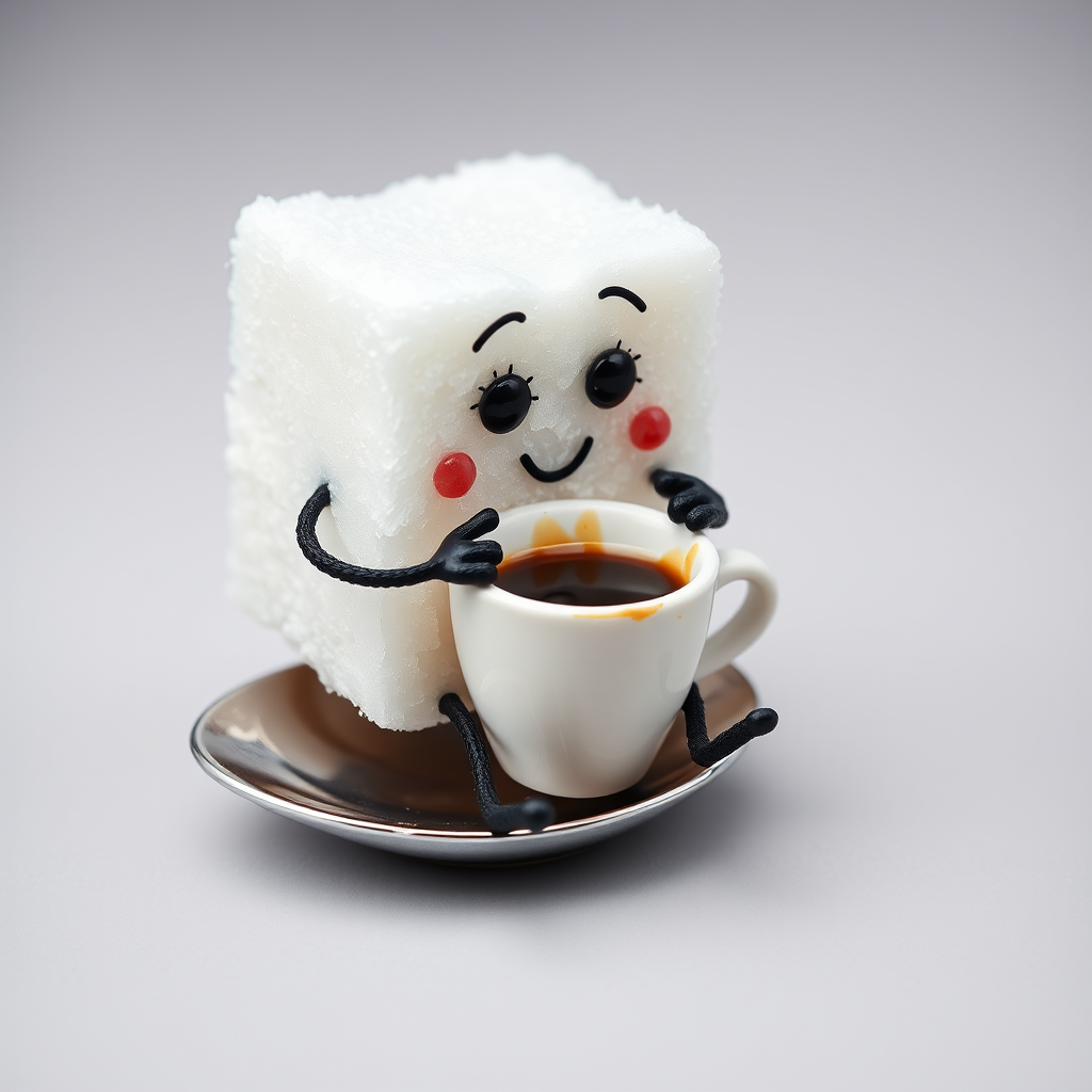A sugar cube with a face and legs, sitting on a spoon and sipping a tiny cup of coffee.