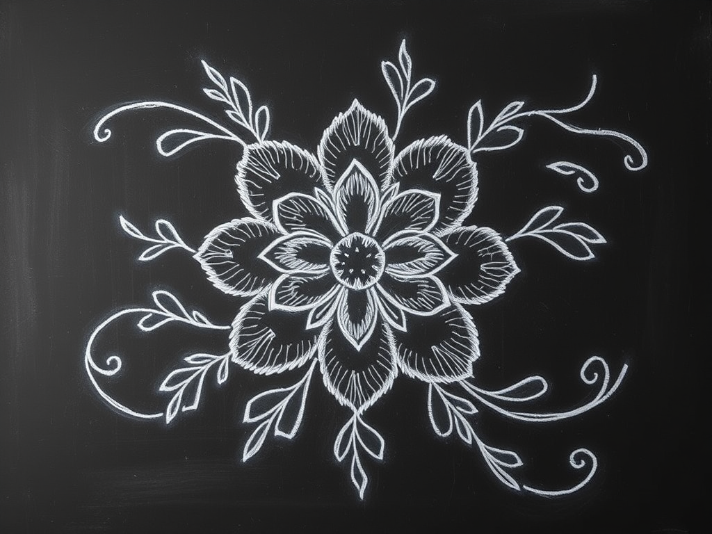 Create an intricate floral chalk drawing on a black chalkboard background, using a DSLR camera with a 50mm lens, f/1.8 aperture, ISO 200, and a soft focus effect for enhanced texture and detail.
