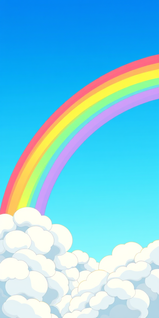 Create a vibrant, cartoon-style illustration of a rainbow arcing over fluffy clouds with a clear blue background using a DSLR camera at f/4 aperture, ISO 100, and a wide-angle lens for enhanced detail and color saturation.