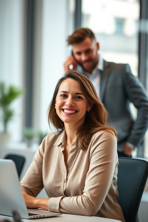 Portrait of a woman sitting at a desk smiling with a man standing behind her on a phone call, soft focus background, indoor lighting, f/2.8 aperture, 50mm lens, ISO 100, shot in natural light, DSLR camera, professional style.