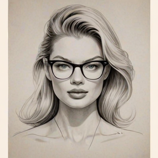 Beauteous Martha Hunt, pencil sketch, portrait of Captivating woman 1953s in glasses, hair style beatnik, outline, clear lines, fine lines, 8k