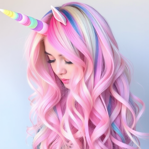 Whimsical rainbow pastel mane called "Unicorn Dreams" with long layered cut, soft multicolored hues blending seamlessly, loose beachy waves throughout, face-framing tendrils in various pastel shades, magical iridescent sheen