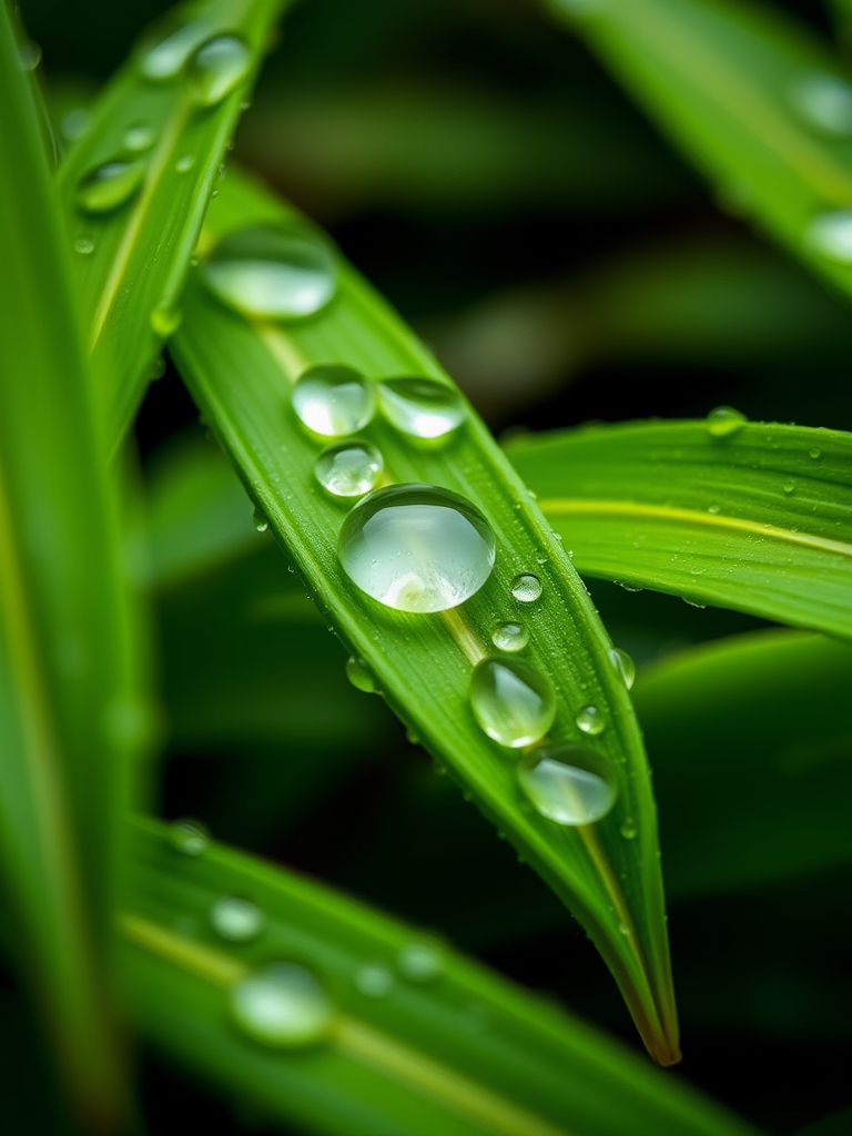 Close-up of green leaves with water droplets, macro lens, f/2.8 aperture, 100mm focal length, shallow depth of field, natural light, Nikon D850.