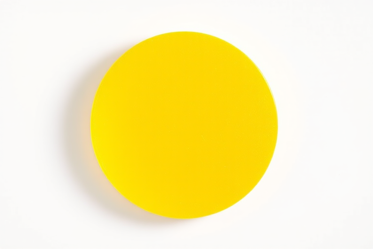 A bright yellow circular shape with a smooth texture on a plain white background, captured with a Canon EOS R5, aperture f/2.8, ISO 100, 50mm lens, macro view, natural lighting.