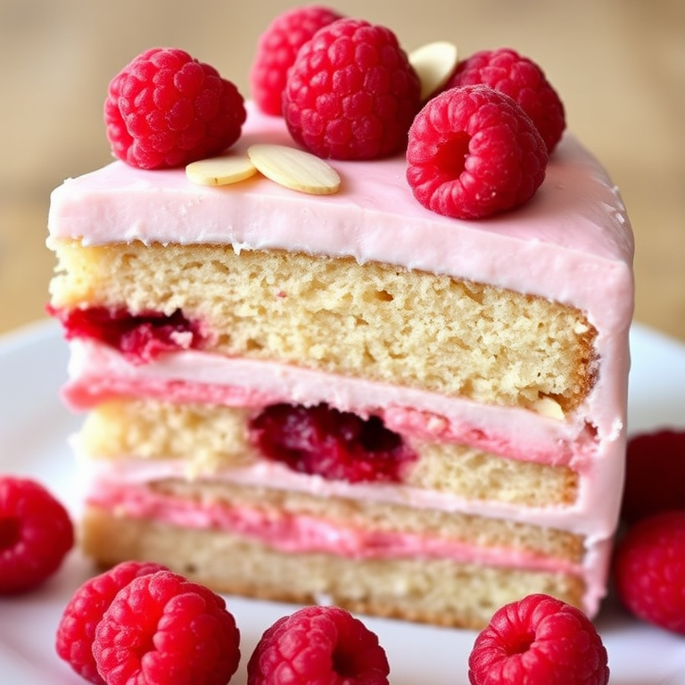 A slice of layered cake with raspberry filling and frosting topped with raspberries and almond slices, showcasing a moist texture and vibrant colors.