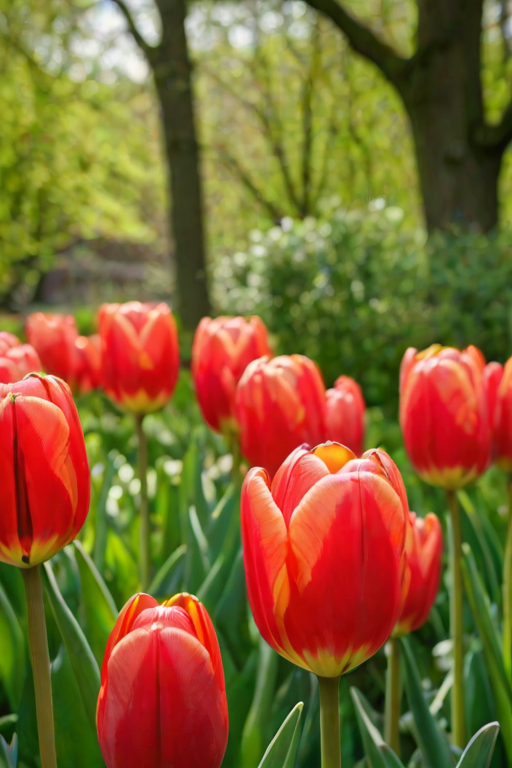 regenerate an image of vibrant red tulips in a green garden setting with soft-focus background details