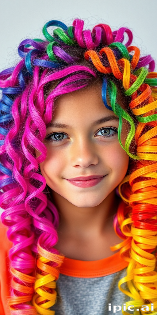 Vibrant image of a teenager with Rainbow Prism locks, each section dyed a different bright hue, styled in tight spiral curls forming a halo around their face