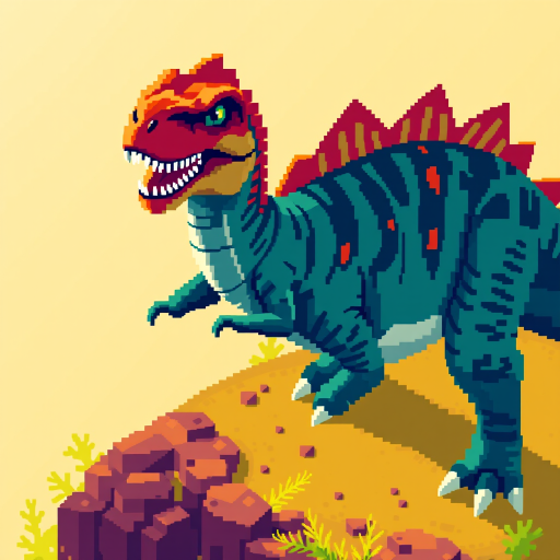 Generate a pixel art dinosaur in a vibrant color scheme, 4K resolution, using an isometric view, with a focus on sharp edges and high contrast, taken with a DSLR camera at f/8 aperture, ISO 200, and a 35mm lens.