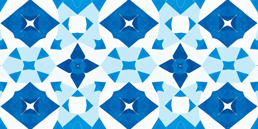 Create a repeating pattern of geometric shapes in various shades of blue and white, featuring triangles and diamonds, with a symmetrical layout, photographed with a Canon EOS R5 at ISO 100, f/8, 1/125 sec, in bright natural light from a top-down view for enhanced clarity and sharpness.