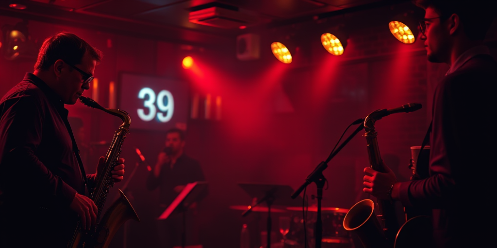 Low-light, intimate image of a jazz band performing in a smoky nightclub, soft glow from red stage lights casting a warm hue on the musicians, the sound of smooth saxophone notes filling the air, audience members quietly sipping drinks in the background.
