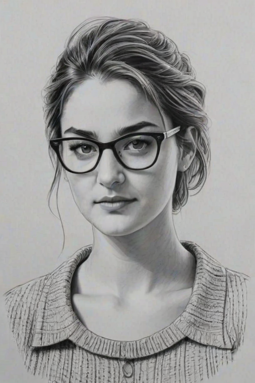 Delightful Shailene Woodley, pencil sketch, portrait of Sublime woman 1957s in glasses, hair style beatnik, outline, clear lines, fine lines, 8k