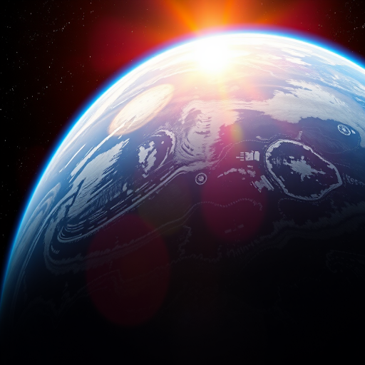 generate a high-resolution image of Earth from space during sunrise, using a wide-angle lens, ISO 100, aperture f/8, shutter speed 1/100 sec, capturing vibrant colors and the glow of the sun on the horizon with starry background, digitally enhanced for clarity and detail