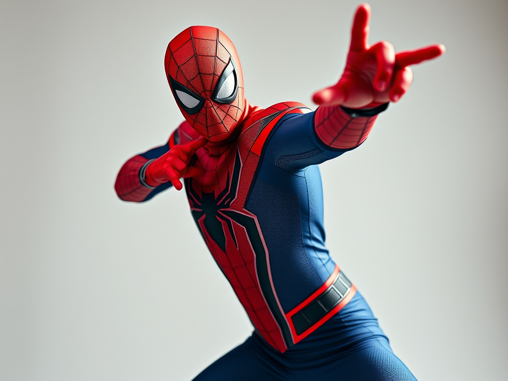 Generate an image of a person in a Spider-Man costume striking a dynamic pose, high-resolution, 85mm lens, f/2.8 aperture, ISO 100, natural lighting, studio backdrop, soft focus.