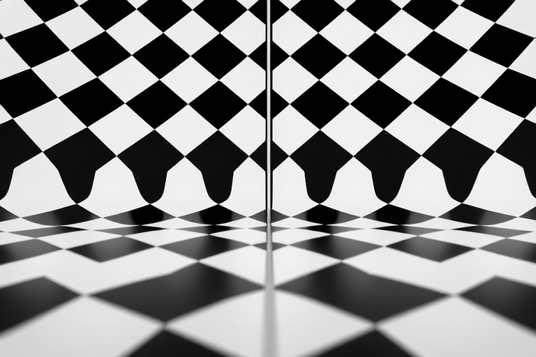 Create a high-contrast black and white checkerboard pattern with a central vertical line, captured with a DSLR camera at f/8 aperture, 1/200 sec shutter speed, 24mm focal length, and a perspective view to emphasize depth.