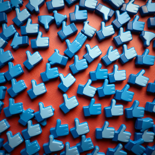 Create a high-resolution image of a multitude of blue thumbs-up icons scattered across a surface, captured with a DSLR camera using a 50mm lens, f/2.8 aperture, ISO 100, and a top-down view to enhance depth and detail.