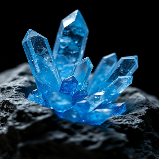 Generate a highly detailed illustration of blue crystals emerging from a dark rock base, capturing sparkling reflections and sharp edges, in a high-resolution format, 50mm lens, f/2.8 aperture, natural lighting, the camera style is macro photography, camera type is DSLR.