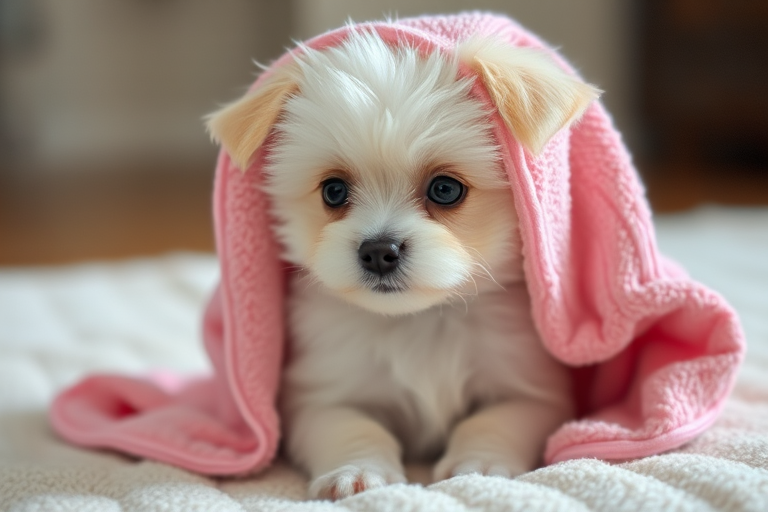 A small fluffy white dog wrapped in a pink towel sitting on a soft surface with a curious expression. The dog's big dark eyes and small nose are visible, creating an adorable and cozy appearance.