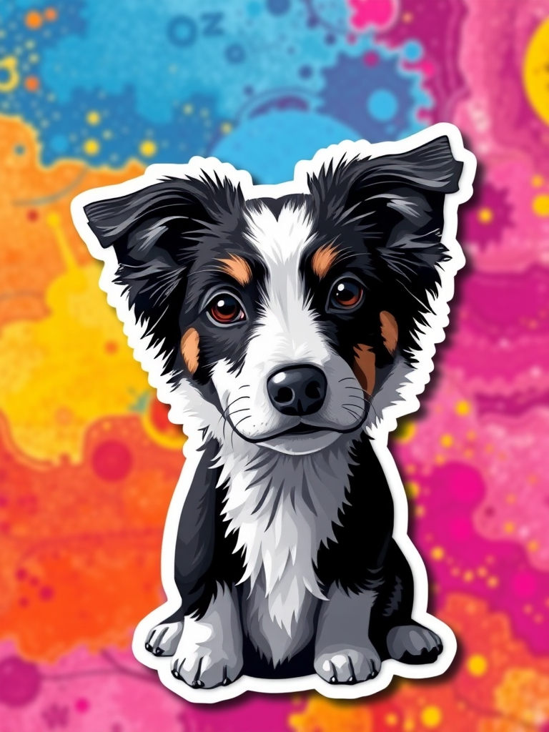 this photo is sticker, 3D black and white mutt dog breed, colorful background