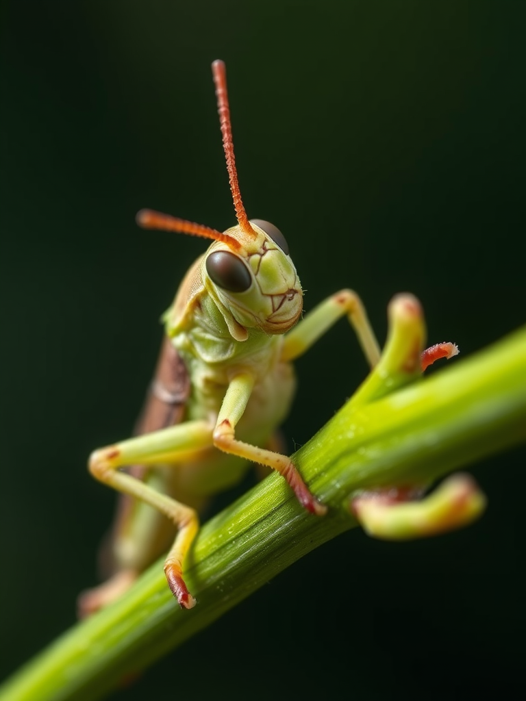 A detailed close-up of a grasshopper perched on a green branch, captured with a macro lens at f/2.8, ISO 100, 1/200 sec, natural lighting, using a DSLR camera with a shallow depth of field to emphasize texture and color details.