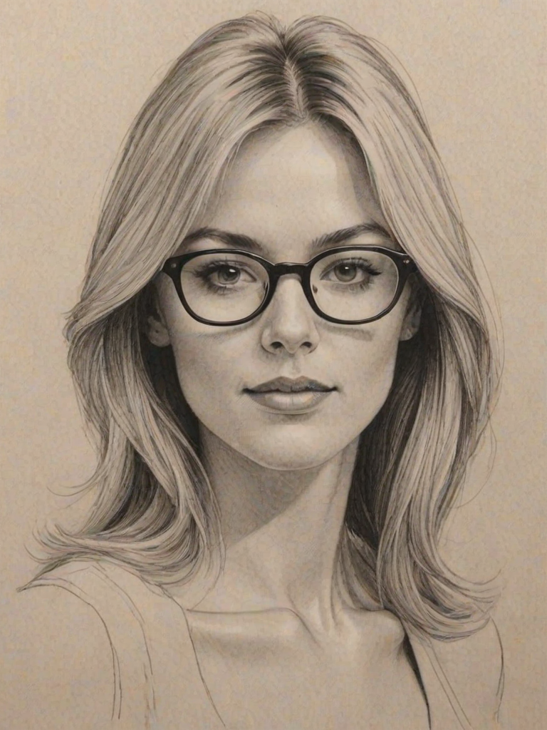 Superb Jordan Hinson, pencil sketch, portrait of Gorgeous woman 1974s in glasses, hair style beatnik, outline, clear lines, fine lines, 8k