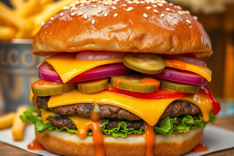 High-resolution, close-up image of a gourmet double cheeseburger. The burger features a glossy, sesame-seed-topped brioche bun. Inside, there are two thick, juicy beef patties, each topped with melted cheddar cheese. The burger is garnished with fresh lettuce, tomato slices, diced onions, and pickles. A generous amount of ketchup and a creamy, orange-colored sauce is dripping down the sides, adding to the mouth-watering appeal. In the background, there are blurred elements including a side of golden French fries and a hint of a beverage, enhancing the overall presentation of a delicious meal.