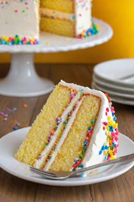 Generate an image of a slice of yellow cake with three layers, topped with white frosting and colorful sprinkles. The cake should be on a decorative white plate, with a fork beside it. Include a small dollop of whipped cream next to the cake and a few birthday candles in the background. The setting should have a festive atmosphere, with hints of colorful decorations.