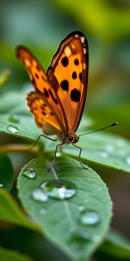 close-up of a butterfly resting on green leaves with water droplets, shallow depth of field, ISO 200, f/2.8, 1/200s, 50mm lens, macro photography using a DSLR camera