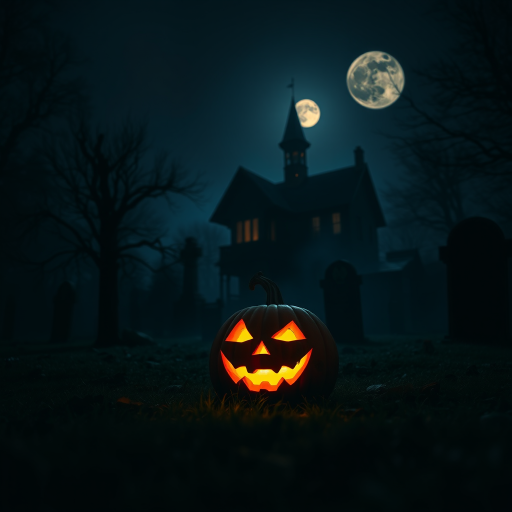a glowing jack-o'-lantern in a dark, misty graveyard with a haunted house in the background and a full moon; ultra HD, 50mm lens, f/1.8, ISO 100, low angle shot, soft focus, nighttime photography
