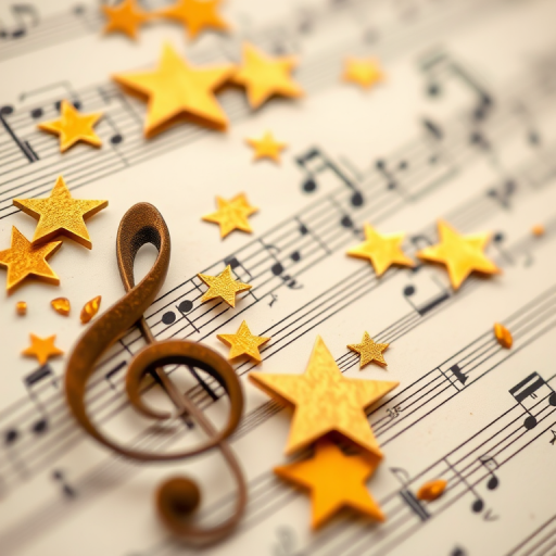 Create an artistic representation of musical notes and sheet music overlaid with golden stars, captured with a DSLR camera using a 50mm lens, f/1.8 aperture, ISO 100, and a shallow depth of field for enhanced focus and clarity.