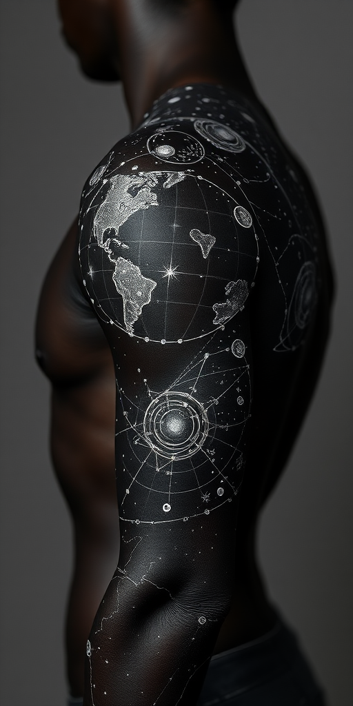 Ethereal body tattoo of constellation maps and celestial bodies spanning across the shoulders and upper arms, rendered in shimmering white ink on dark skin