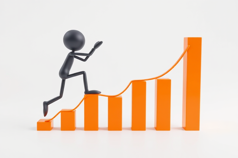 3D illustration of two stylized stick figures helping each other climb a graph of orange bars, soft lighting, white background, shot with a DSLR camera at f/8 aperture, 50mm lens, 1/200s shutter speed, ISO 100, with a slight depth of field to enhance focus on the figures.