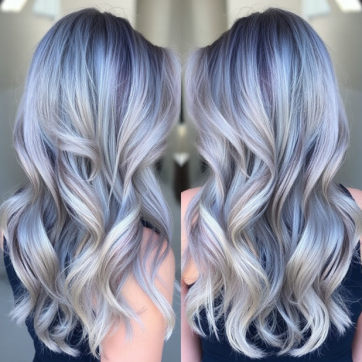 Mesmerizing silver-gray locks in the "Moonlight Sonata" style, long layered cut with feathered ends, subtle blue-tinted highlights throughout, soft romantic waves flowing down back, side-swept bangs blending seamlessly