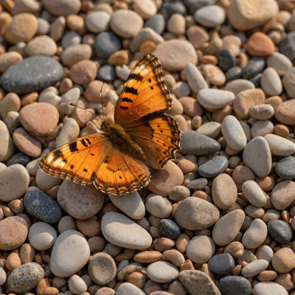 A vibrant orange and yellow butterfly with black markings is perched on a bed of small, brown pebbles in the warm, golden light of a setting sun. The butterfly is facing the viewer with its wings slightly raised, creating a sense of delicate movement. The background is a soft, blurred green and yellow, creating a gentle, natural atmosphere. The image is captured in a close-up perspective, focusing on the butterfly's intricate details and the warm glow of the sunlight.