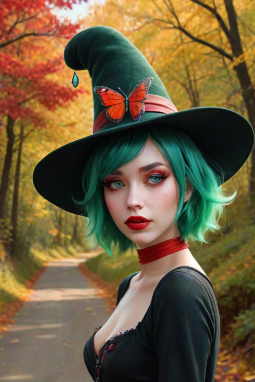 digital art fantasy depicting a strange girl with green hair, long eyelashes, red lipstick and a tall hat walking along a winding road on an autumn afternoon, an Butterfly smiles as she passes