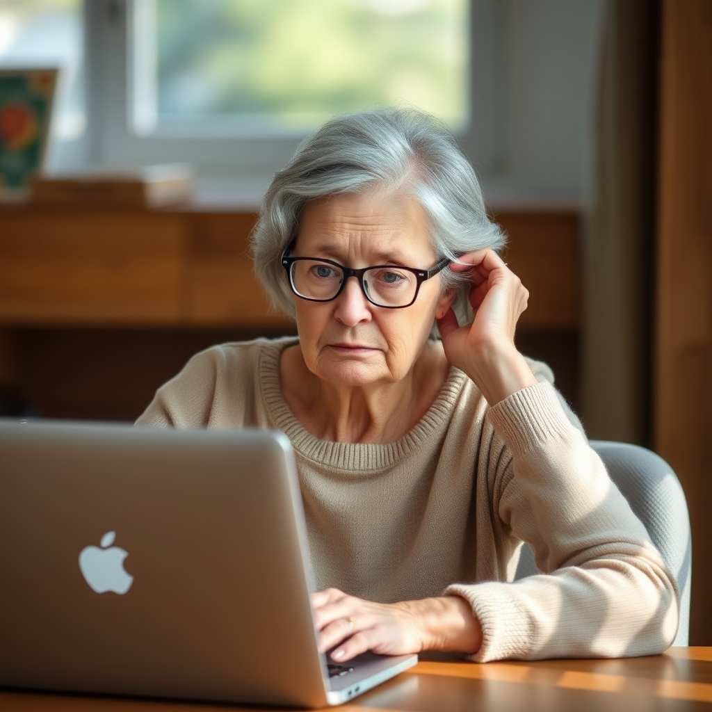 an elderly woman with gray hair and glasses looking stressed while sitting at a desk with a laptop, natural light from a window, shallow depth of field, 50mm lens, ISO 200, f/2.8, soft lighting, portrait style, DSLR camera