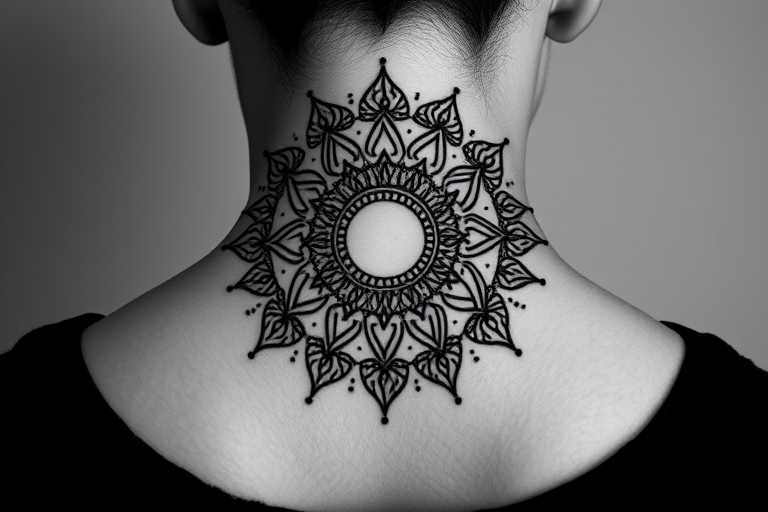 Dotwork mandala sun and moon design on back of neck, intricate patterns created entirely with tiny dots, gradient effect from black to gray