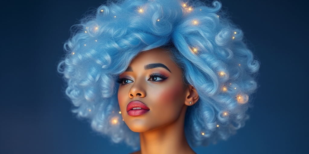 Ethereal periwinkle blue hair styled in a cloud-like afro adorned with twinkling fairy lights, embodying whimsical dreamscape vibes called Celestial Halo