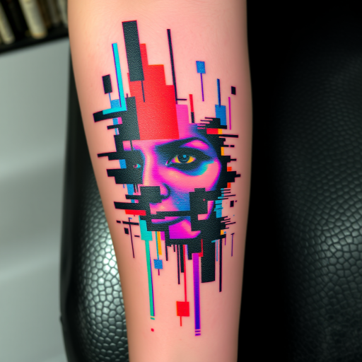Glitch art tattoo named "Digital Distortion" incorporating pixelated elements and color shifts to create the illusion of a digital malfunction within an otherwise realistic image