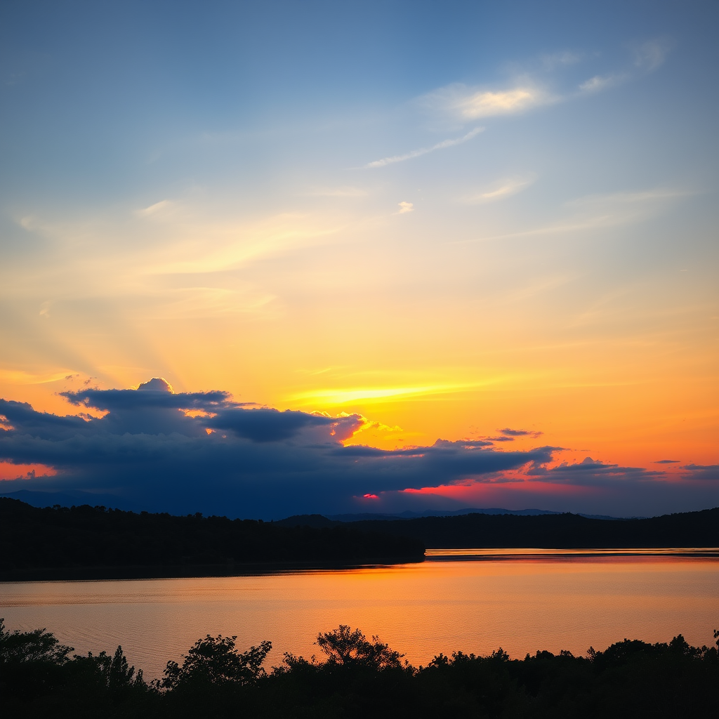 Photo of a serene landscape with a sunset over a lake, vibrant colors reflecting on the water, high dynamic range, ISO 100, aperture f/8, shutter speed 1/125s, wide-angle lens, shot with a DSLR camera.