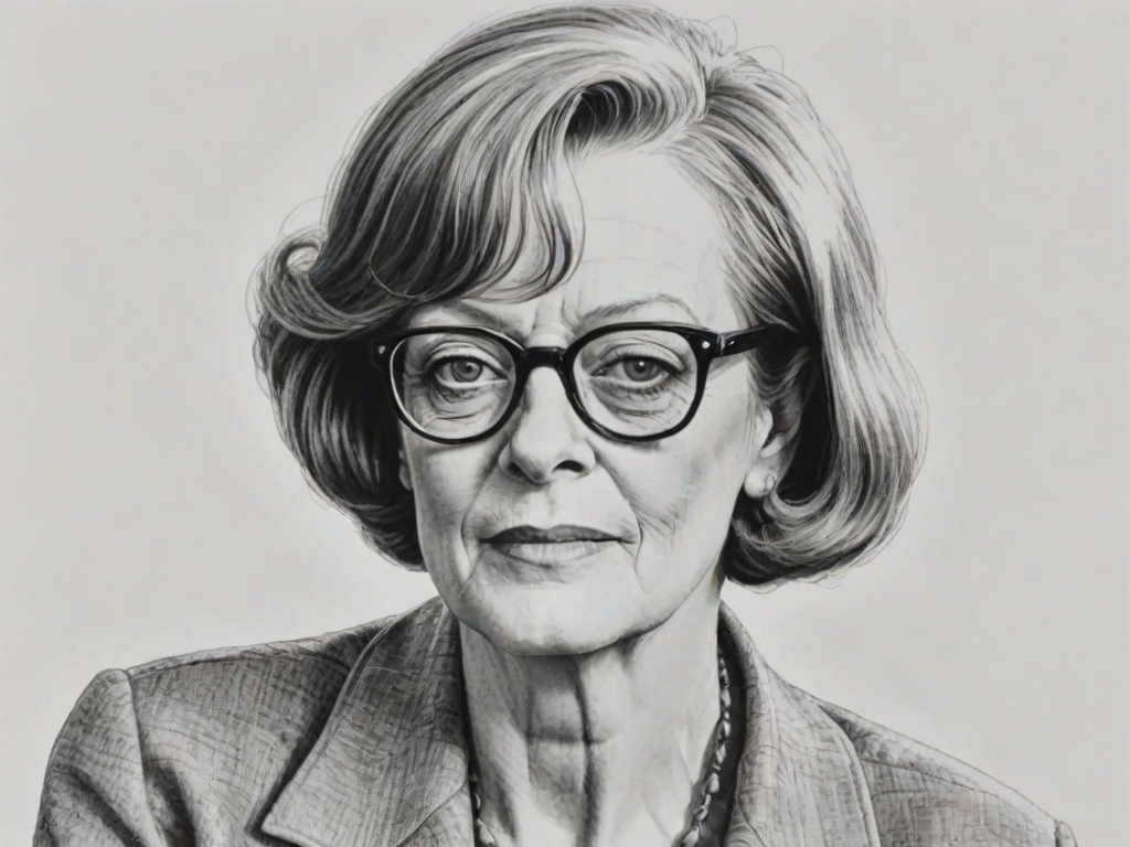 Beautiful Maggie Smith, pencil sketch, portrait of beautiful woman 60s in glasses, hair style beatnik, outline, clear lines, fine lines, 8k