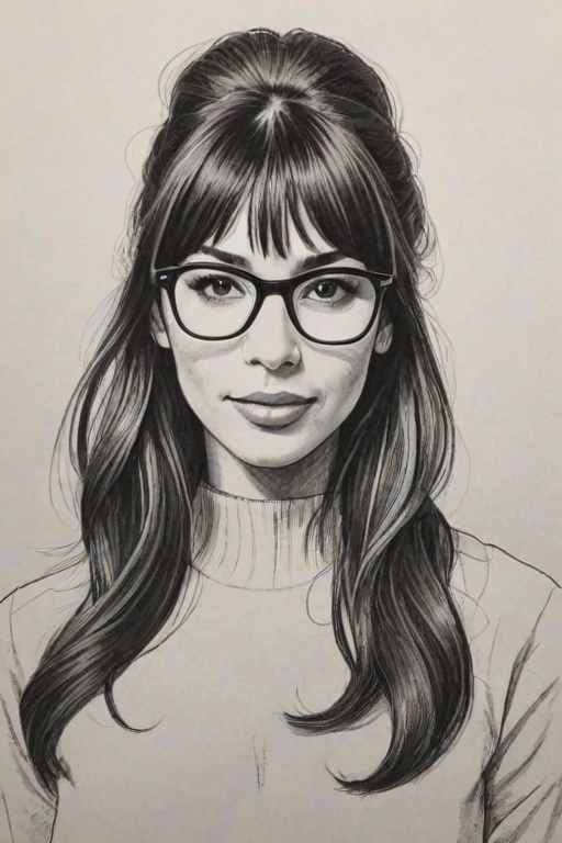 Elegant Hannah Simone, pencil sketch, portrait of Charming woman 1973s in glasses, hair style beatnik, outline, clear lines, fine lines, 8k