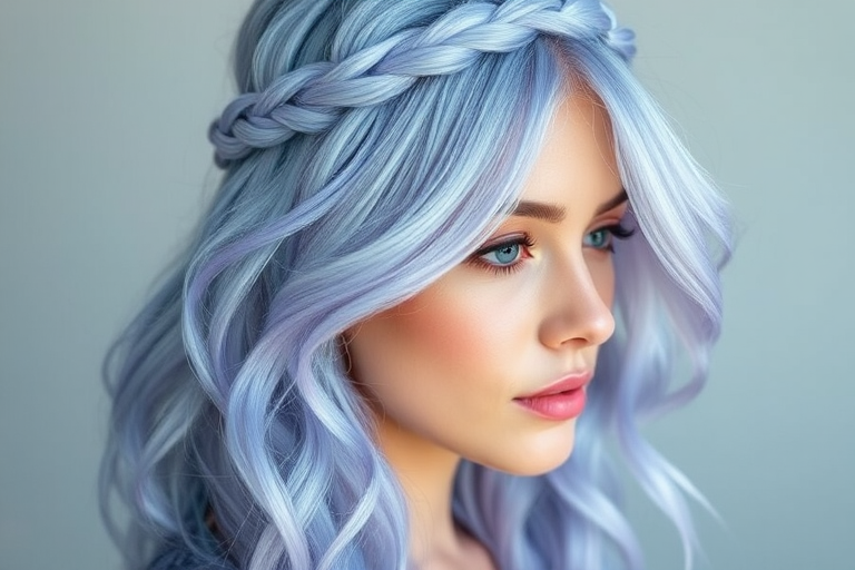 Soft periwinkle blue hair styled in loose, romantic waves with a crown braid embodies the dreamy "Skyward Whisper" look, featuring delicate silver and lavender highlights that add dimension and movement to the ethereal hues, creating a whimsical and enchanting appearance