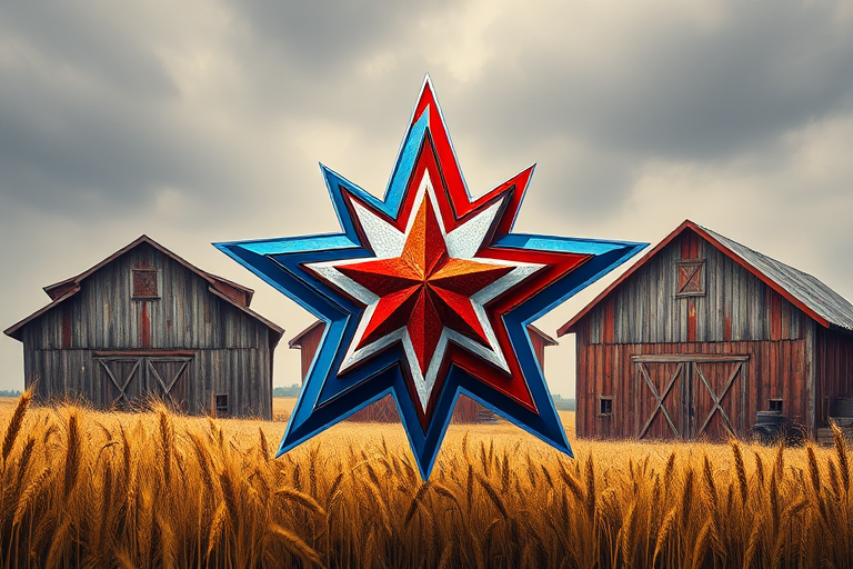Create a detailed illustration of a three-dimensional star with red, white, and blue colors, surrounded by wheat and two rustic barns, using a DSLR camera with a 50mm lens, f/2.8 aperture, ISO 100, shot in HDR style.