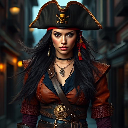 Create a portrait of a fierce female pirate. She wears a leather tricorn hat adorned with a skull and crossbones emblem, and her long, dark hair flows around her face. Her outfit consists of a richly detailed leather jacket, a corset, and multiple layers of belts and accessories, giving her a formidable and stylish appearance. She stands confidently in a dimly lit, historic port town, with a backdrop of weathered buildings and cobblestone streets, capturing the adventurous spirit of a pirate.