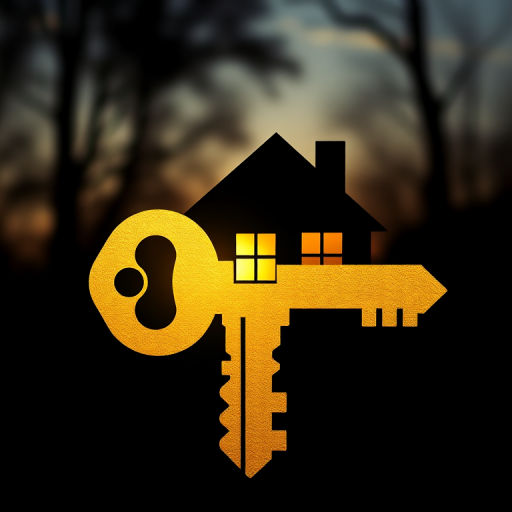 regenerate an image of a stylized golden key integrated with a house silhouette featuring a window, focal length 35mm, aperture f/8, ISO 100, taken from a frontal view with a DSLR camera in high resolution