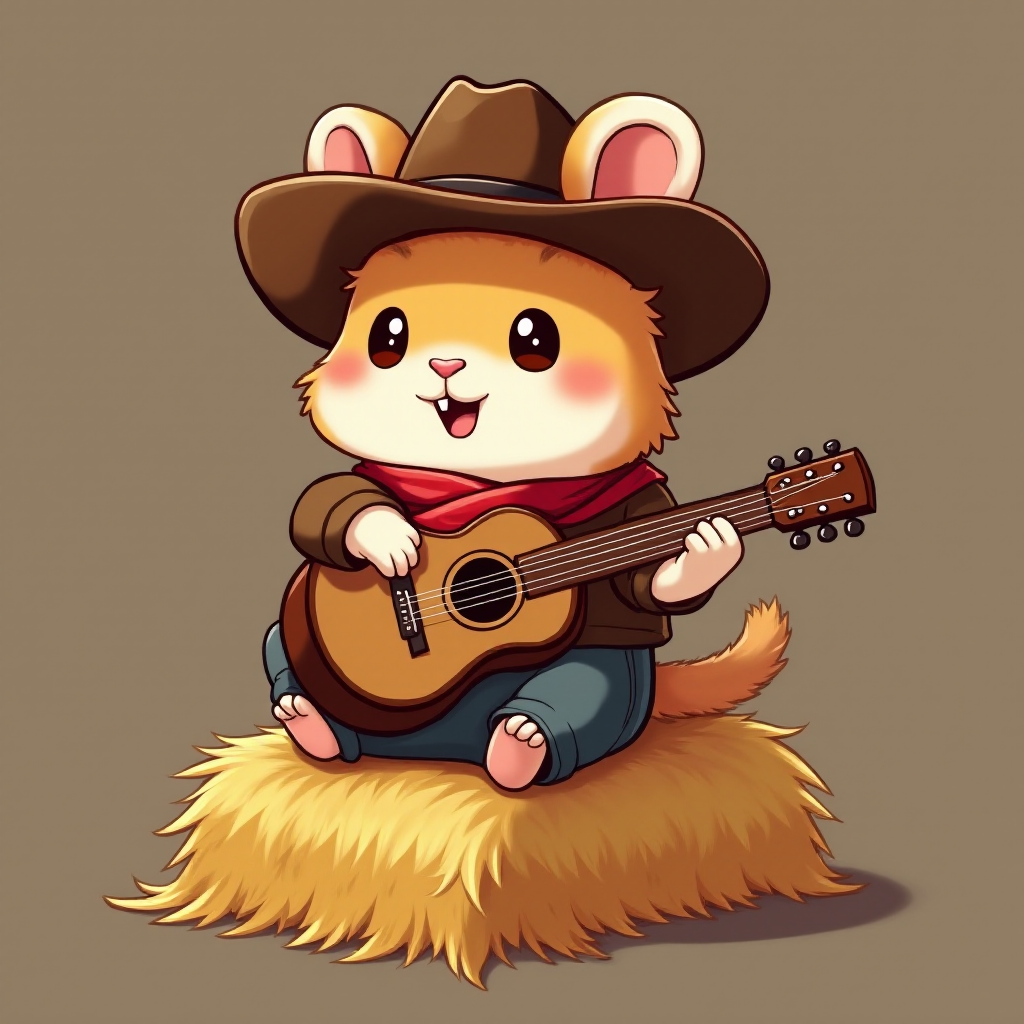 A chibi hamster, dressed as a cowboy, playing guitar, sitting on a hay bale