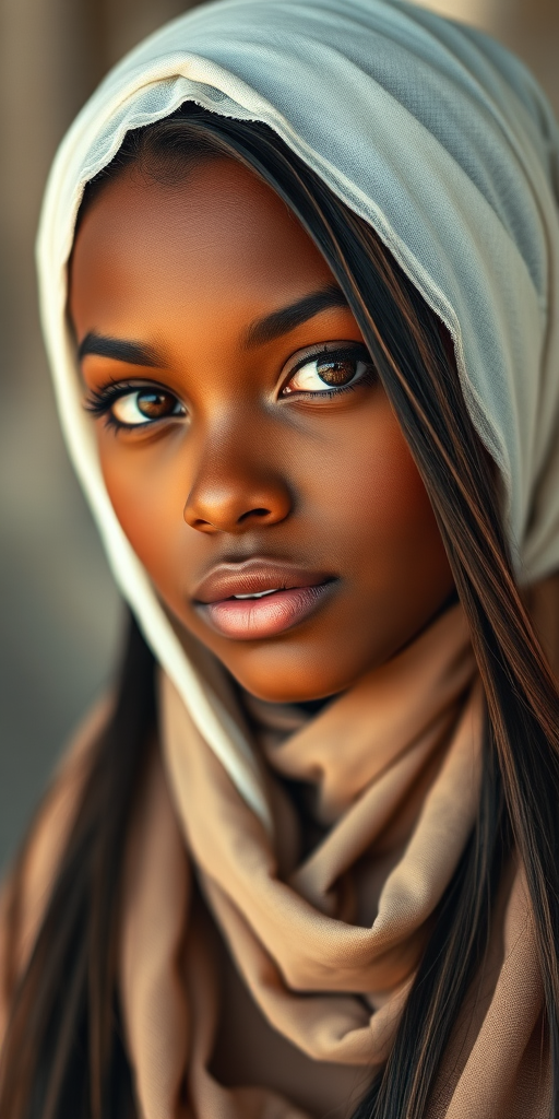 Create a portrait of a young Afro-Caribbean female with long, dark hair and captivating hazel eyes. She is wearing a white headscarf and a matching scarf draped gracefully around her neck. The background is softly blurred, focusing attention on her serene and natural expression. The overall color palette is muted and warm, enhancing the intimate and authentic feel of the portrait.