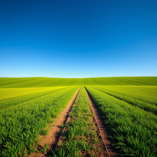 regenerate a vibrant landscape of rolling green fields under a clear blue sky with tire tracks leading into the horizon, taken with a Canon EOS 5D Mark IV at f/8, ISO 100, 1/250s, with a wide-angle lens from a low angle perspective to enhance depth and detail