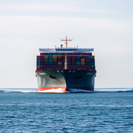 A cargo ship with colorful containers sailing on calm waters under a clear sky, shot from a medium-distance perspective, with a Canon EOS R5, aperture f/8, shutter speed 1/500s, ISO 100, in natural daylight for enhanced clarity and detail.